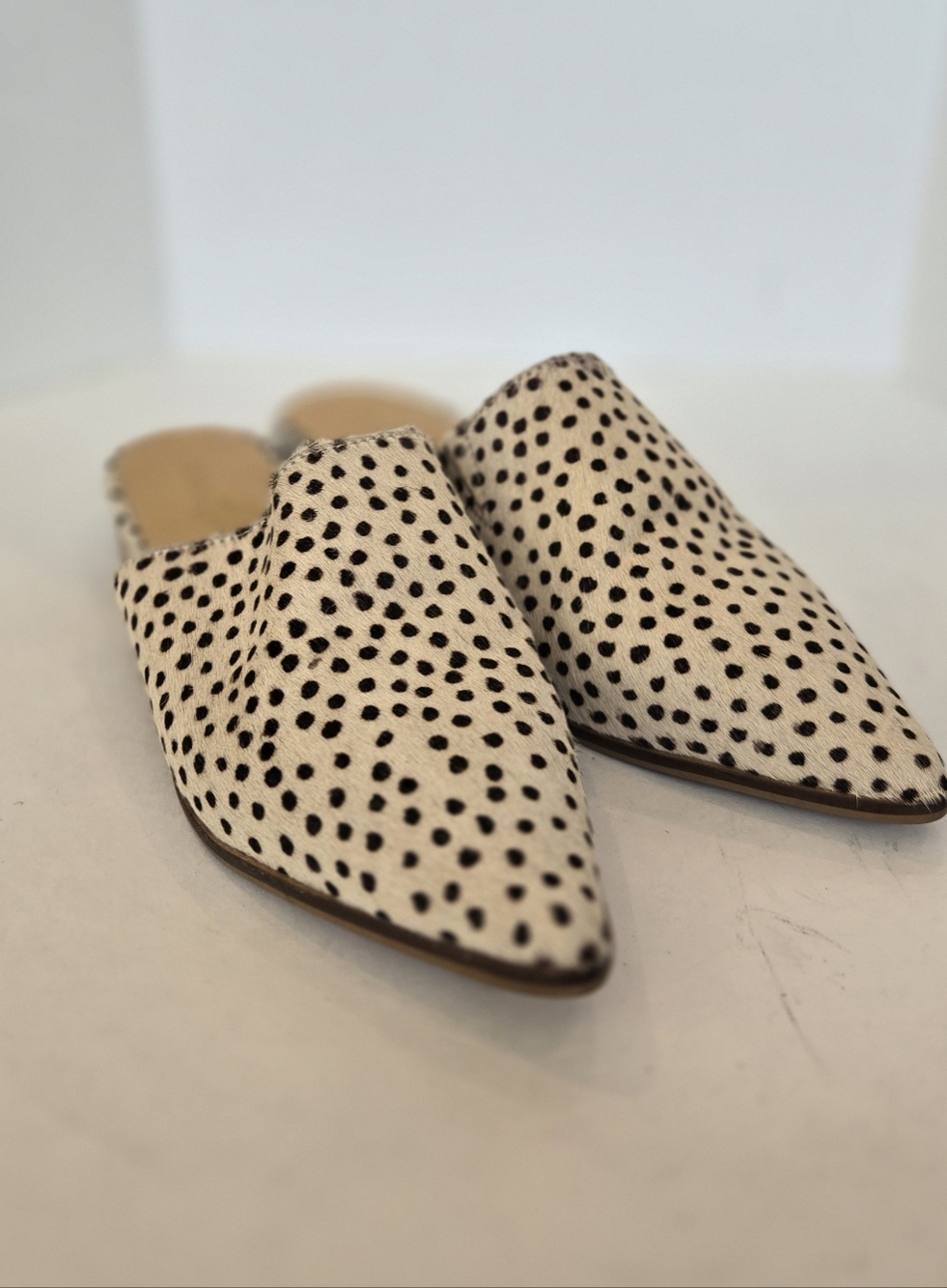 Pointed Slip-On Calf Hair Mules in Cream with Black Spot Print